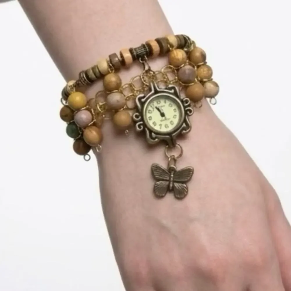 Handmade Boho Butterfly Watch Bracelet NEW Battery Wood & Stone Bead Cuff